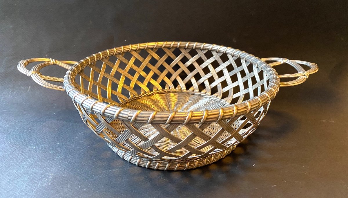 Basket In Woven Silver Metal. Mid 20th Century. 