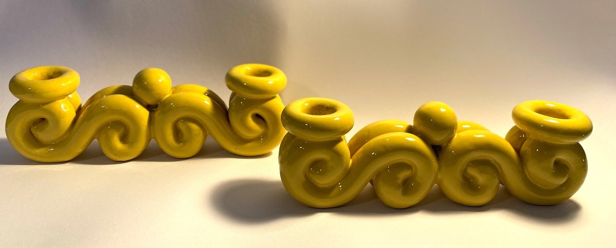 Pair Of Yellow Enameled Ceramic Candlesticks. Mid 20th Century. -photo-2