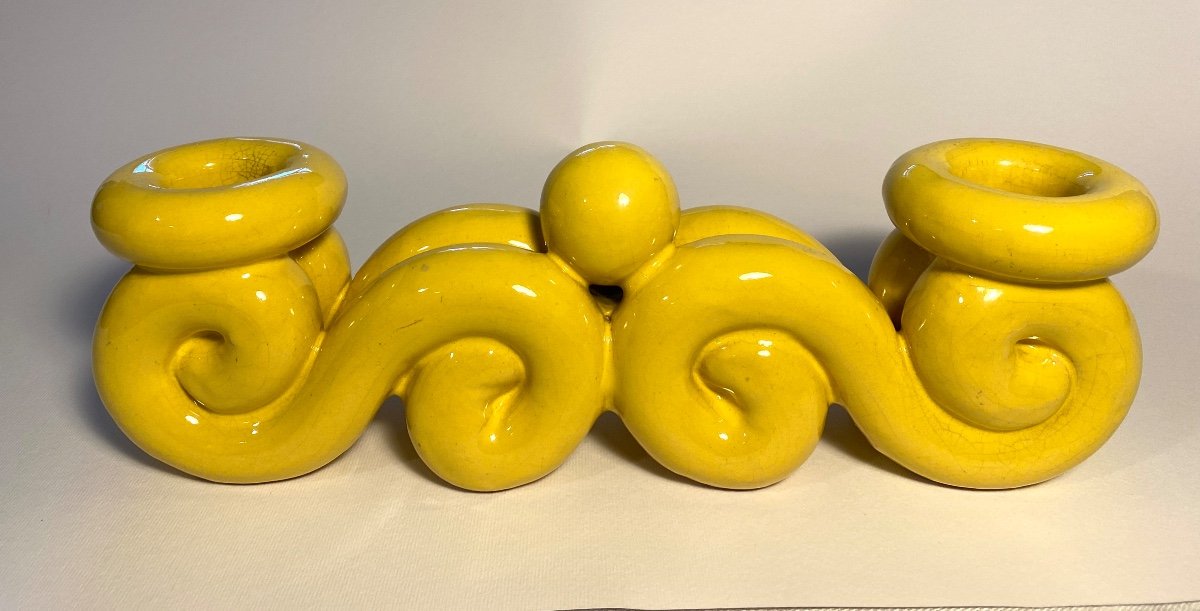 Pair Of Yellow Enameled Ceramic Candlesticks. Mid 20th Century. -photo-3