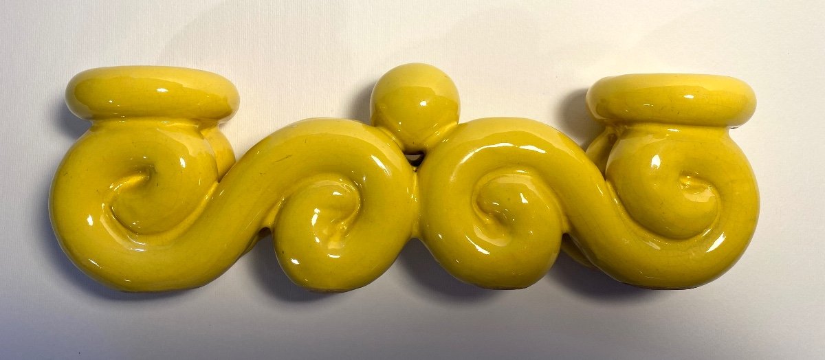 Pair Of Yellow Enameled Ceramic Candlesticks. Mid 20th Century. -photo-1