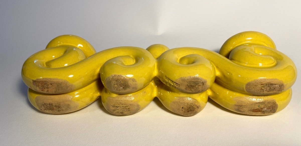 Pair Of Yellow Enameled Ceramic Candlesticks. Mid 20th Century. -photo-2