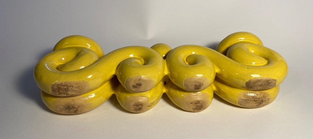 Pair Of Yellow Enameled Ceramic Candlesticks. Mid 20th Century. -photo-5