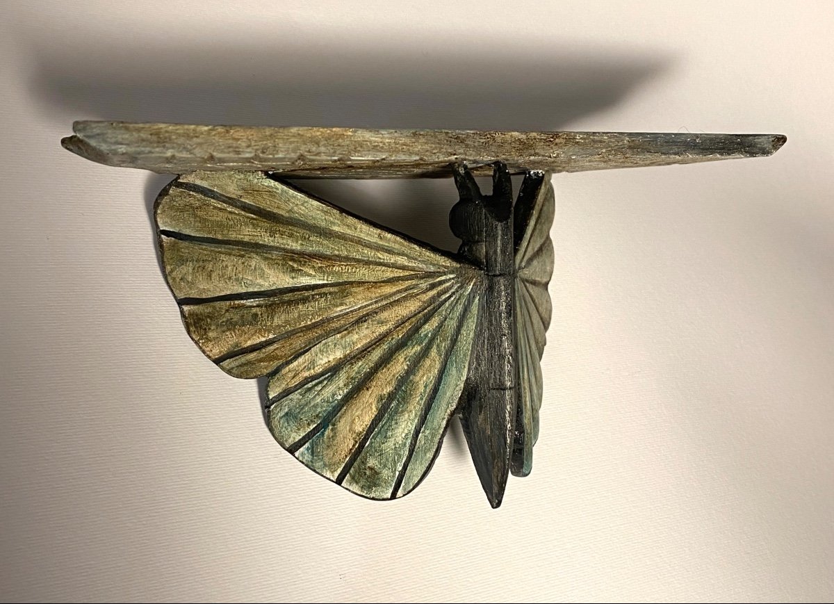 Sculpted And Painted Wooden Stool. Butterfly And Spider Web. Mid-20th Century Curiosity. -photo-4