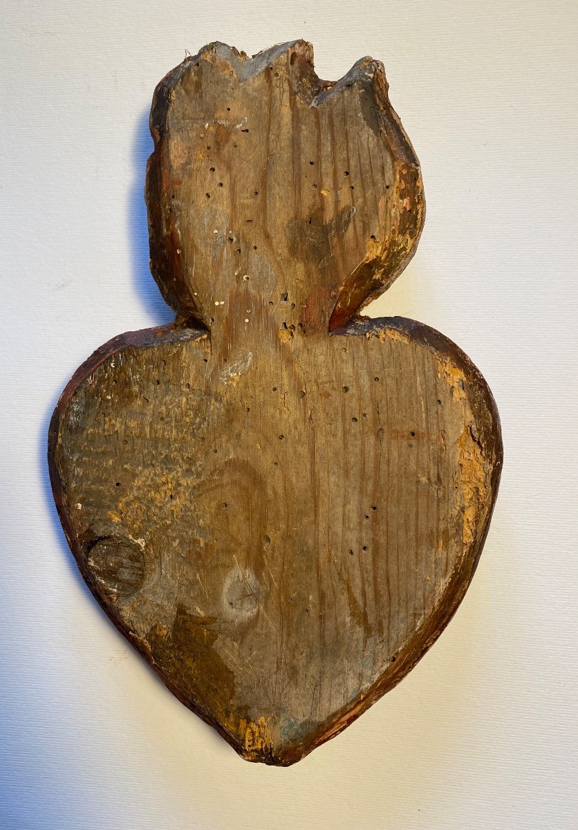 Ardent Heart. Sacred Heart. Gilded And Painted Carved Wood, 18th Century. Ex Voto. -photo-1