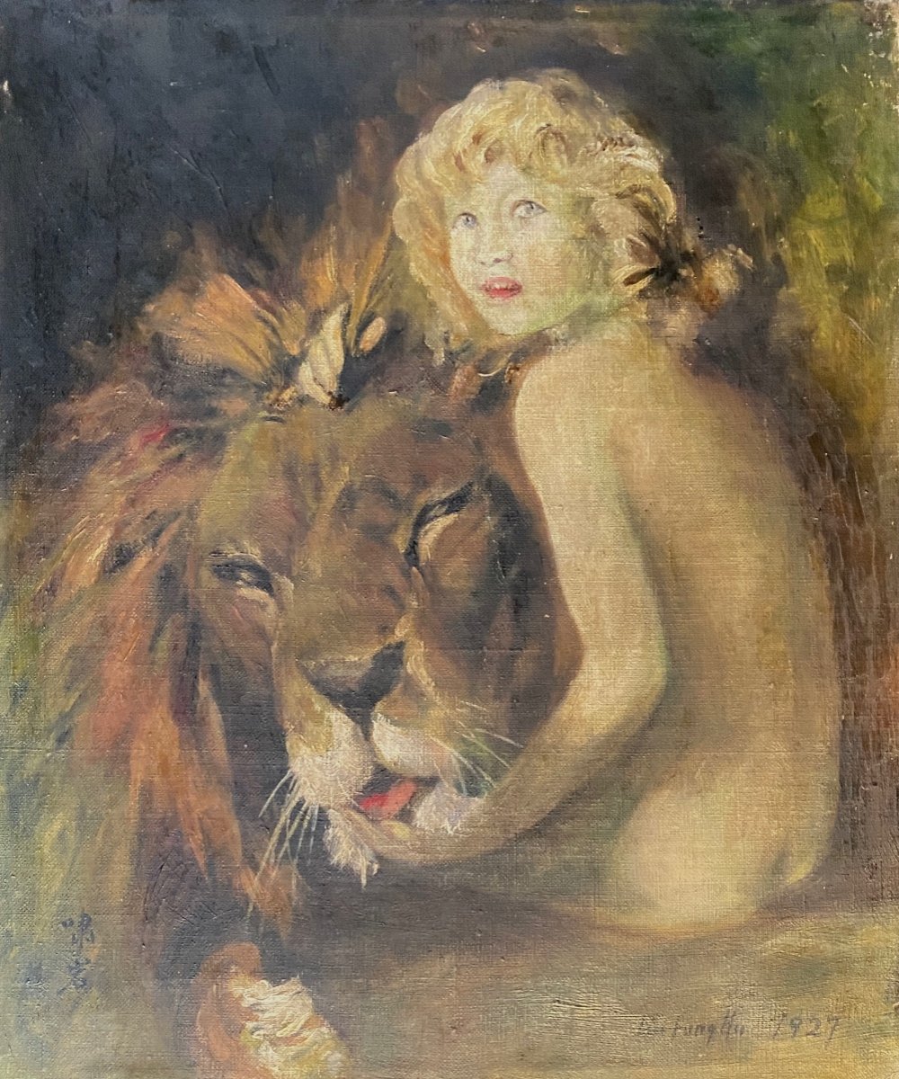 Liu Fung Hu. “ Jeune Femme Et Lion”. Huile Sur Toile Encadrée. 1927. -photo-2