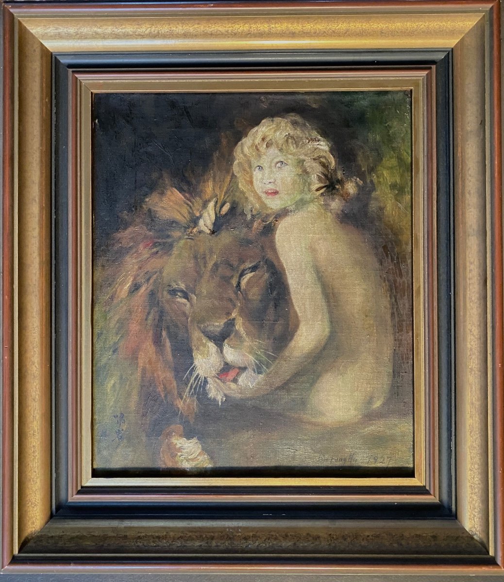 Liu Fung Hu. “ Jeune Femme Et Lion”. Huile Sur Toile Encadrée. 1927. 