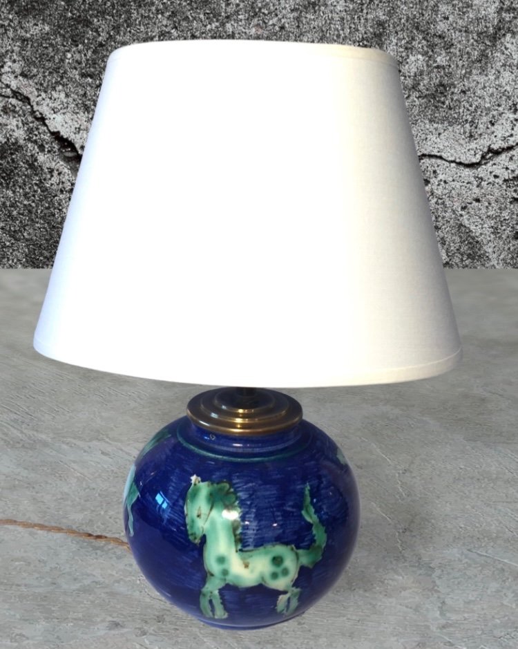 Ceramic Lamp. Mid XXth. Horses Decoration. -photo-2