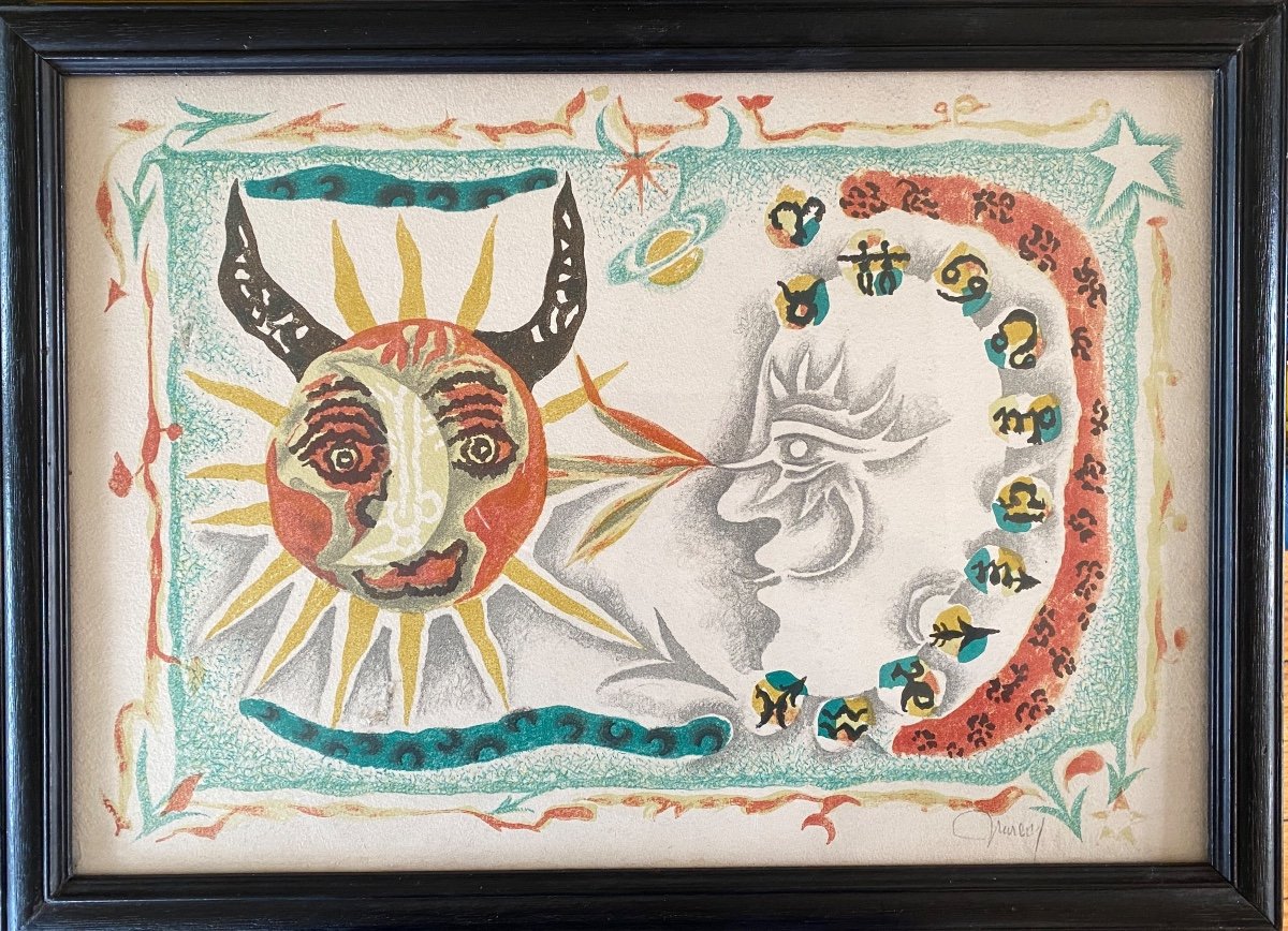 Jean Lurçat. “day And Night”. Moon And Sun. Color Lithograph. Mid-20th. Astrology.