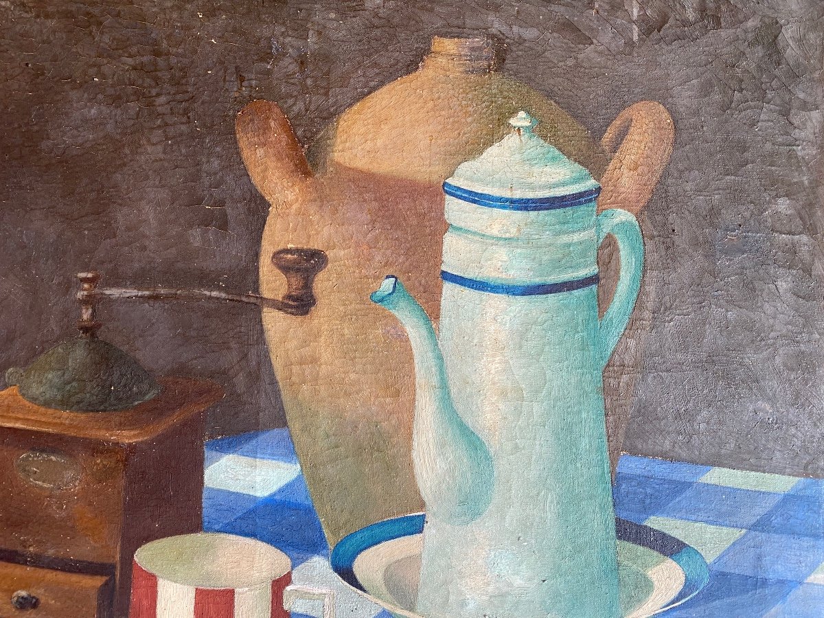 Roger Trichard. “ Nature Morte à La Cafetière”. Huile Sur Toile. Ecole Française 1938.-photo-3