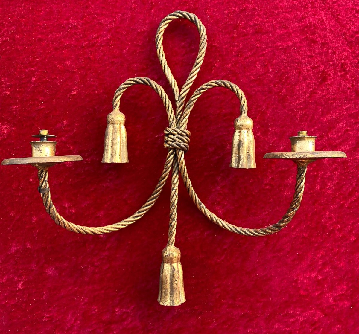 Pair Of Twisted And Gilded Metal Wall Lights. Italy, Mid-20th Century. Cord And Tassels. -photo-2
