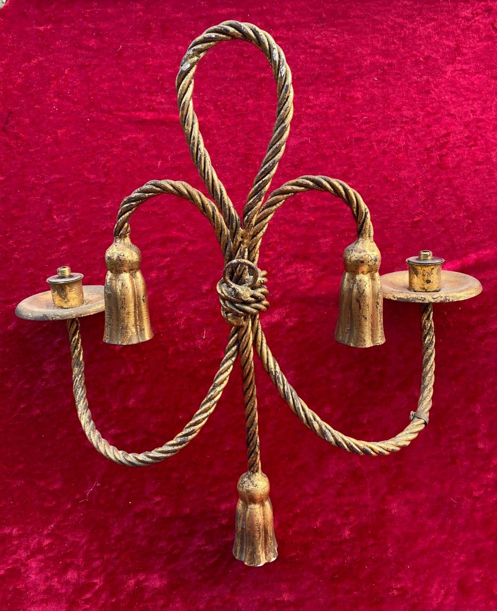 Pair Of Twisted And Gilded Metal Wall Lights. Italy, Mid-20th Century. Cord And Tassels. -photo-3