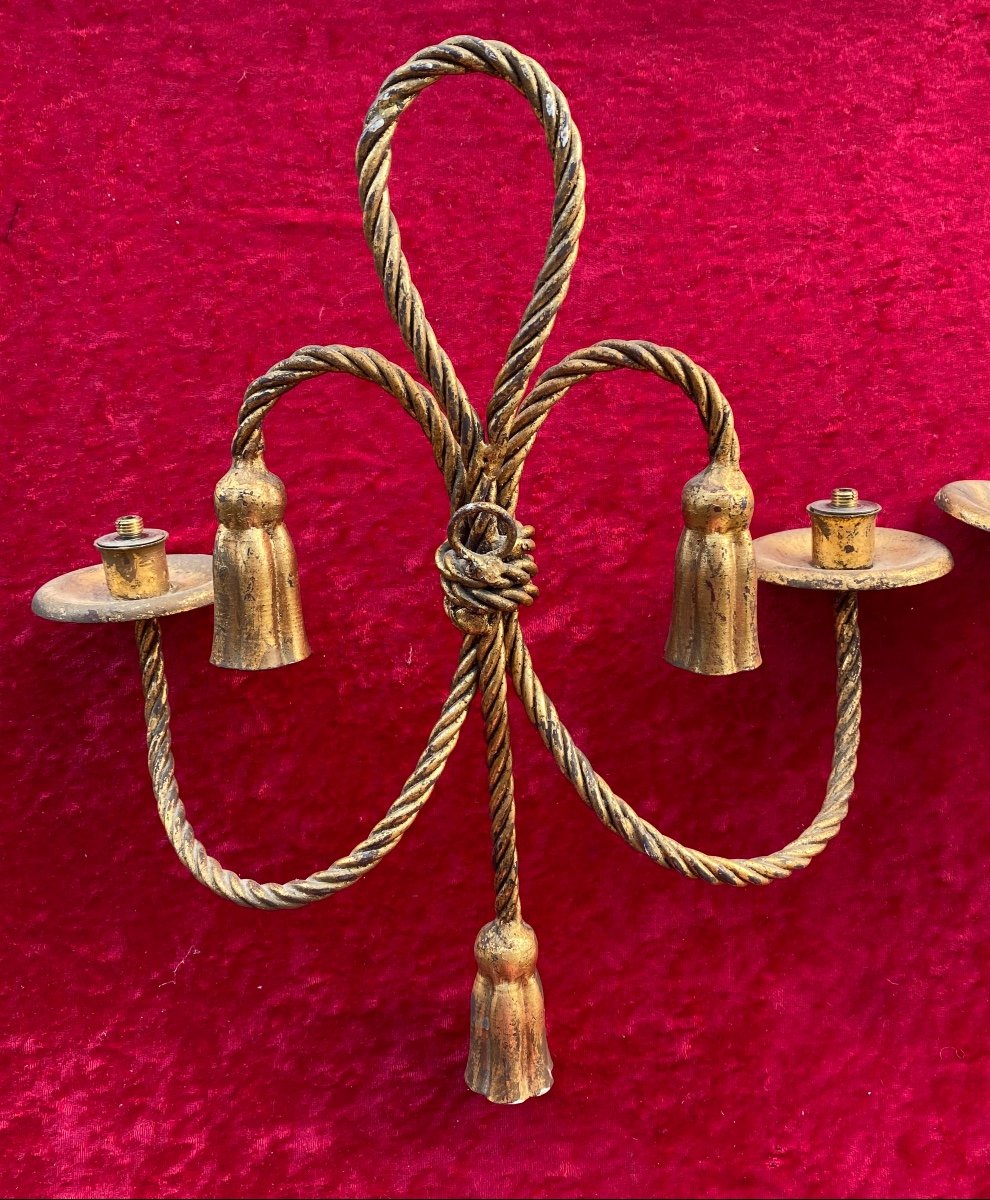 Pair Of Twisted And Gilded Metal Wall Lights. Italy, Mid-20th Century. Cord And Tassels. -photo-4