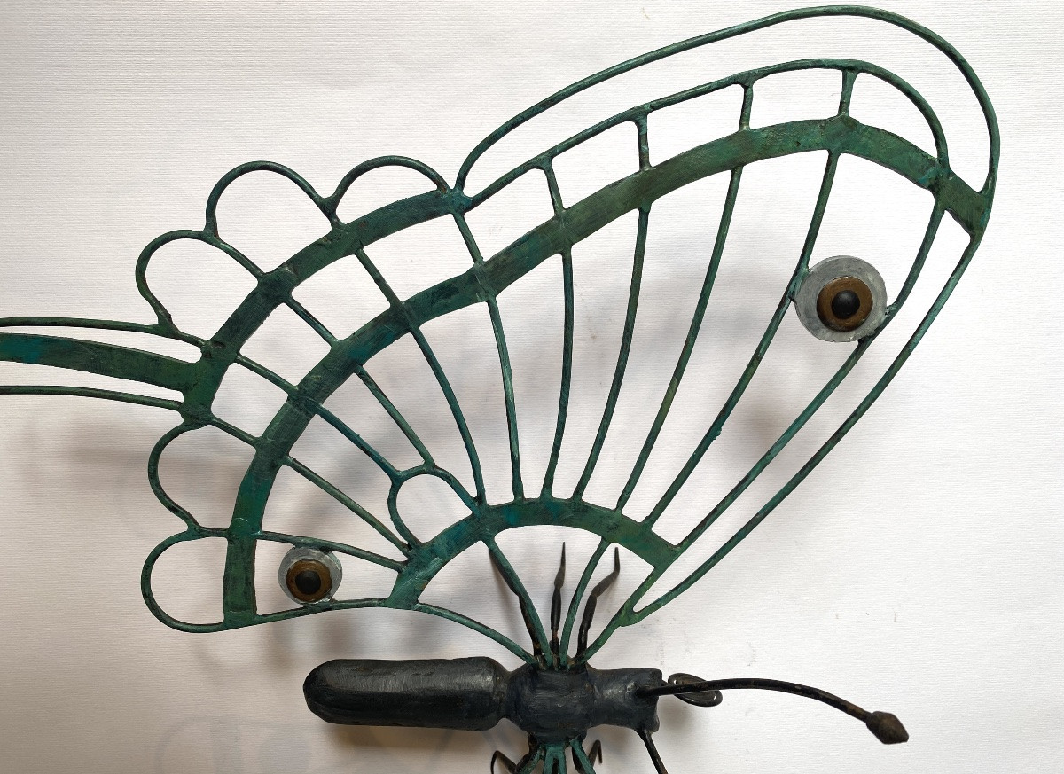 Wrought Iron Butterfly. Large Early 20th  Ironwork Ornament. -photo-2