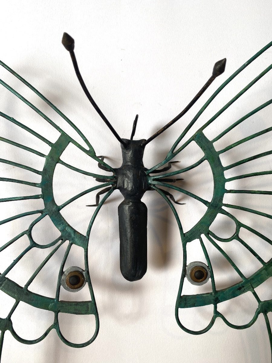 Wrought Iron Butterfly. Large Early 20th  Ironwork Ornament. -photo-3