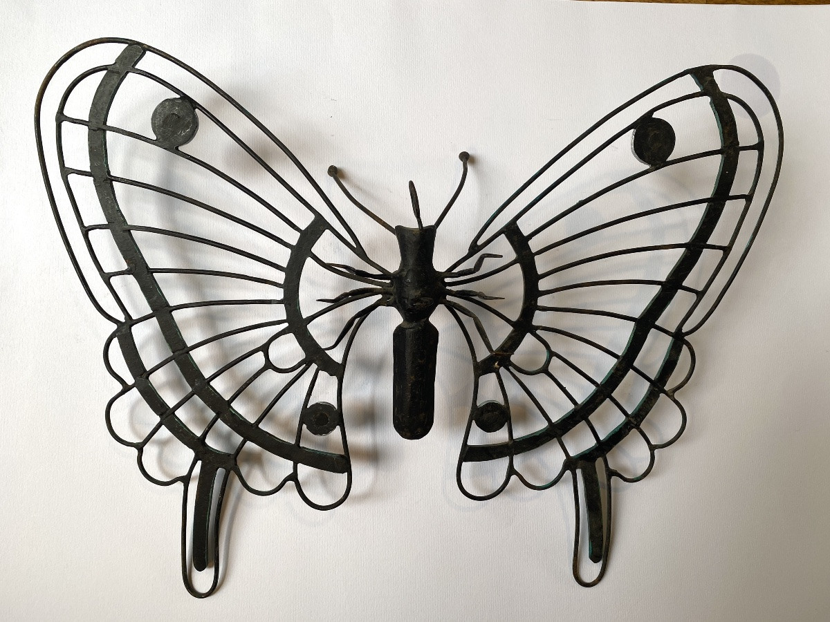 Wrought Iron Butterfly. Large Early 20th  Ironwork Ornament. -photo-3