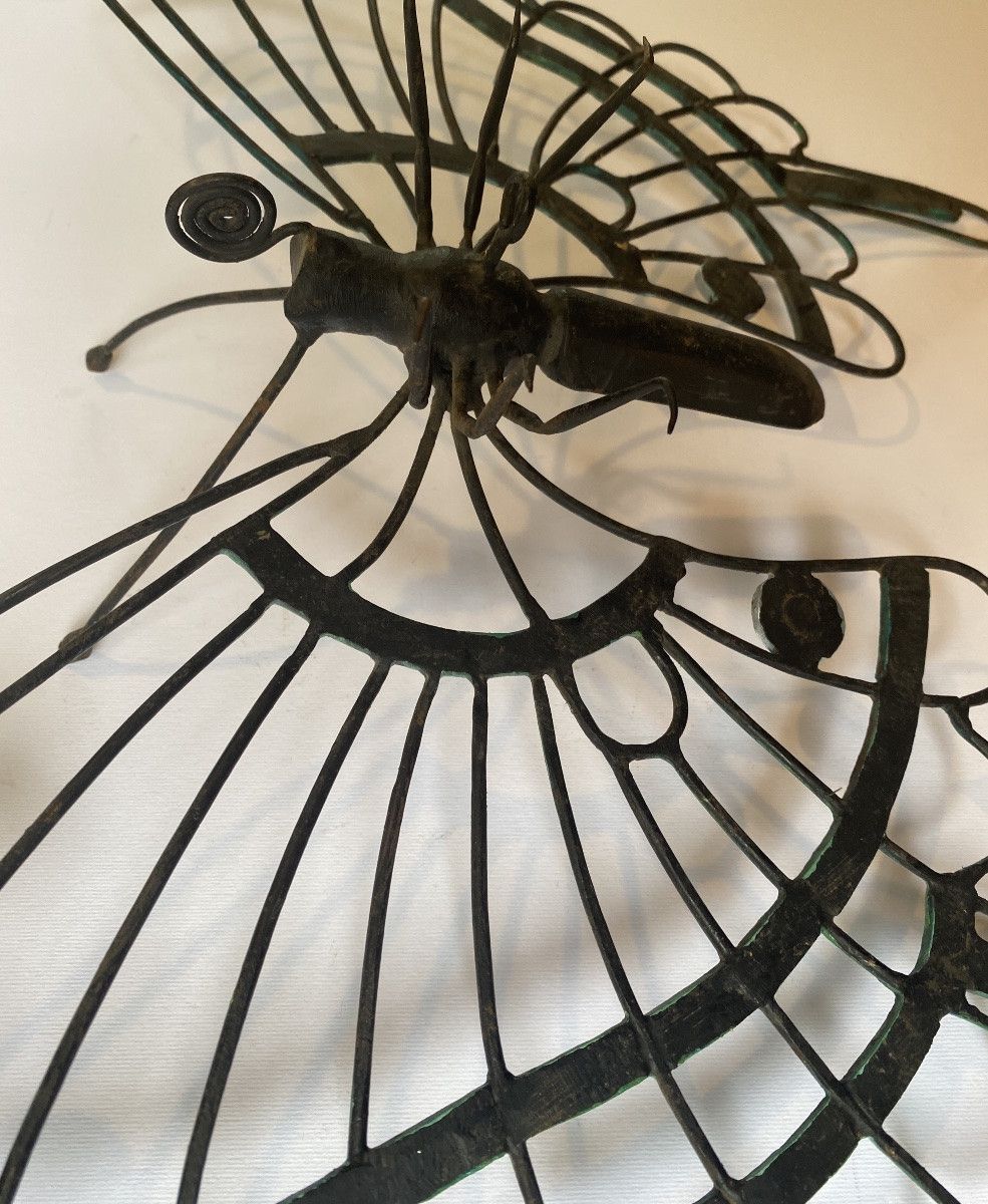 Wrought Iron Butterfly. Large Early 20th  Ironwork Ornament. -photo-4