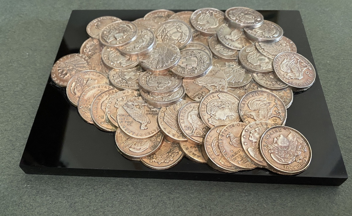 Presse-papiers Milieu XXème. Pièces De Monnaie Sur Socle De Marbre Noir. Numismatique-photo-3