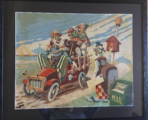 “three Clowns. By Car ! Oil On Paper.