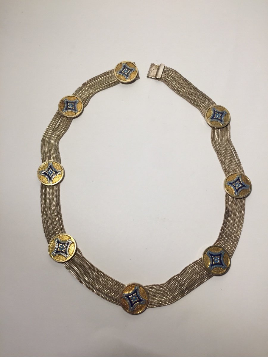 Collier En Argent, émaux Et Vermeil. Chaînes Maille Tressée. Années 70. -photo-1