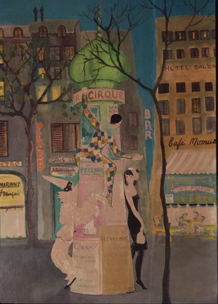 «Arlequin dans la rue . Paris. Huile Sur Carton Entoilé. Liz Reber. Années 60 /70-photo-2