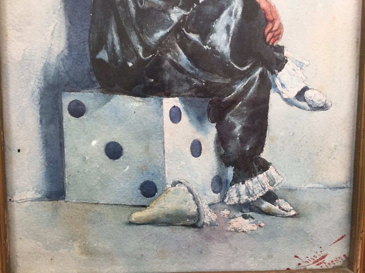 Circus Clowness Sitting On A Dice. Watercolor By Carlo Chiostri. Early 20th Century-photo-2