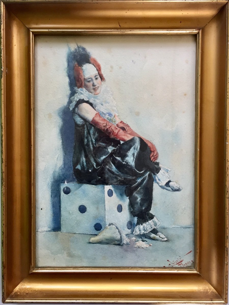 Circus Clowness Sitting On A Dice. Watercolor By Carlo Chiostri. Early 20th Century