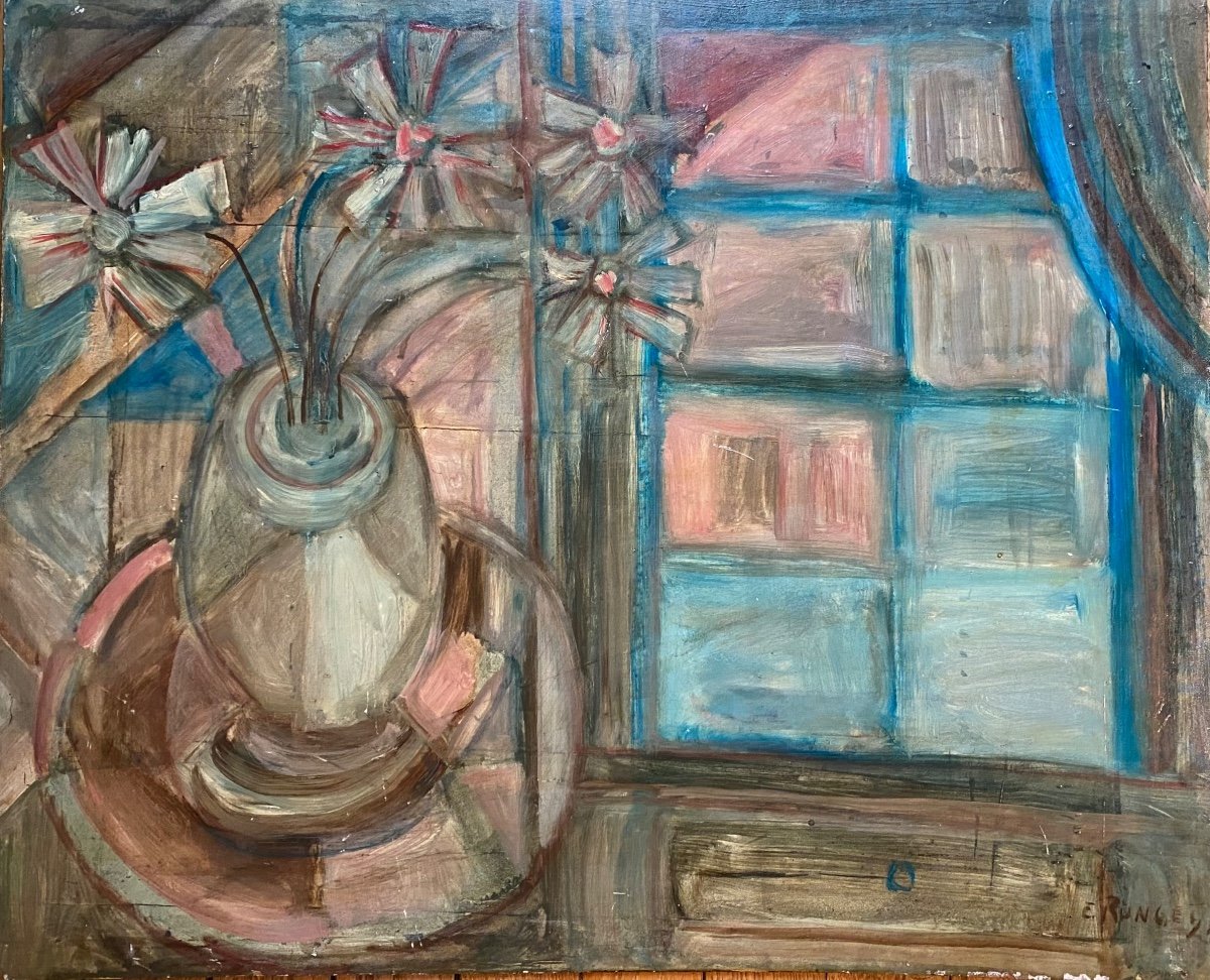 Bouquet Of Flowers In Front Of A Window. Cubist Still Life. Elisabeth Ronget-bohm. Early XXth.