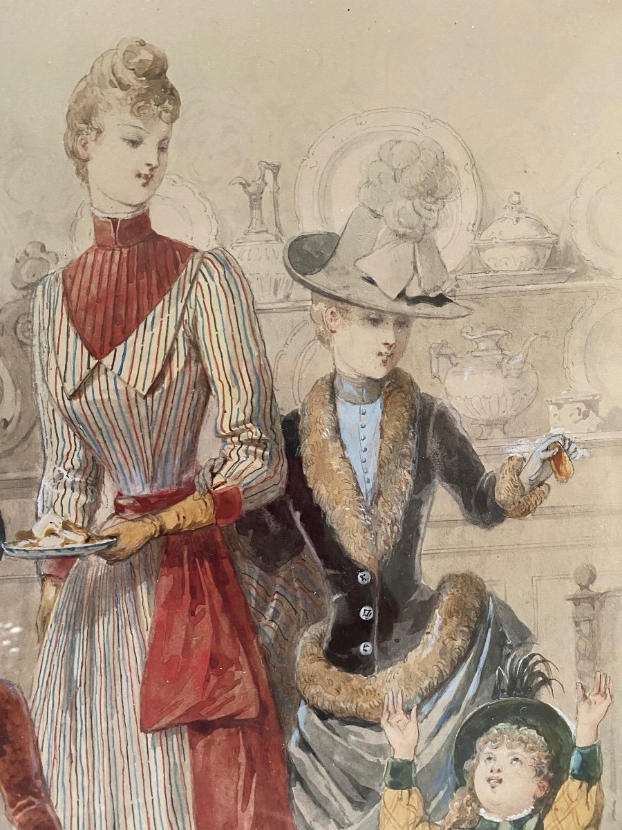 « le Goûter ». Aquarelle De Mode. Jules David. 1887.-photo-1