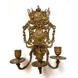 Pair Of XIXth Royalist Bronze Sconces. Louis XIV And Marie Thérèse Of Austria.