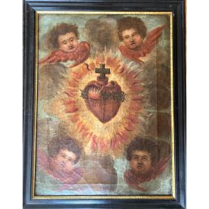 «cherubs And Ardent Heart ». Framed Oil On Canvas Early XIXth.