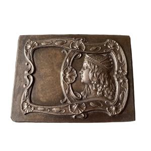Art Nouveau Bas-relief In Cast Iron. Woman Profile And Flowers. Late 19th Century.