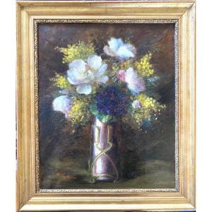 “  Mimosas, Peonies And Violets In An Art Nouveau Vase”. Oil On Canvas Framed 19th Century. 