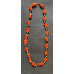 Long Necklace / Necklace Mid 20th Century. Orange Enameled Ceramic And Gold Metal.
