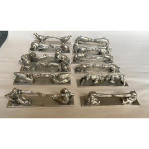 Suite Of Twelve Knife Holders. Animal Decor. Twelve Different Animals. Art Deco Pewter. 