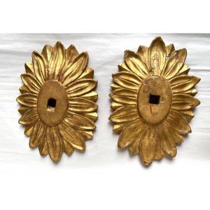 Two 19th Century Carved And Gilded Wood. Sunflower Flowers. 