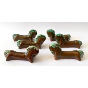 “little Horses”. Suite Of Six Enameled Ceramic Knife Holders. Mid 20th Century. 