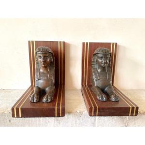 Bronze Bookends On Wooden Bases. Early 20th Century. Sphinx. Egyptomania. 
