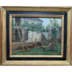 Pierre Petit-gérard. “farmyard In Alsace”. Framed Oil On Panel Late 19th Century.