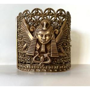 Egyptomania. 19th  Brass Theater Bracelet. Pharaoh's Head, Snake And Scarab Decor. 