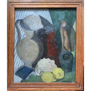 J. Brugada. “post-cubist Still Life”. Framed Oil On Cardboard. 1948