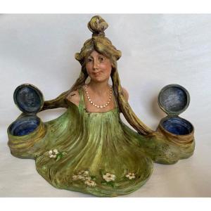 F. Garapon. Art Nouveau Inkwell In Polychrome Metal. Late 19th Century.