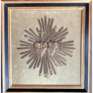 Broderie Religieuse XIXème. Cœur De Marie Et Cœur De Jésus. Ex Voto. 