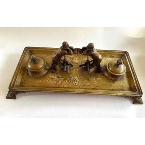 Large 19th Century Bronze Desk Inkwell. Ephebes And Antique Decor.