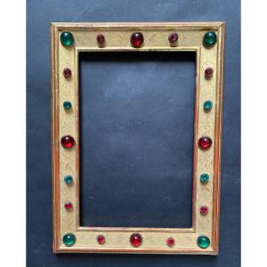 Gilded Wooden Frame. 19th Century. Engraved Decor And Glass Paste Cabochons