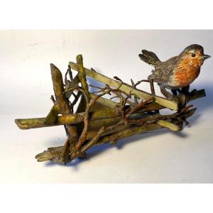 Vienna Bronze 19th Century. Robin On A Wooden Fence. 