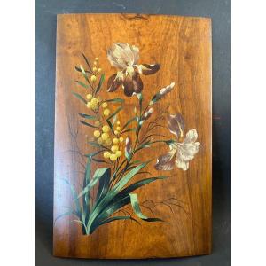 Irises And Mimosas. Oil On Olive Wood Panel. Nice Early 20th Century.