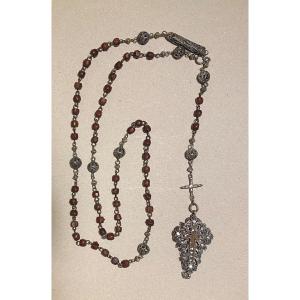 Rosary. Reliquary Rosary XVIIth/ XVIIIth. Filigree Silver And Wood. 