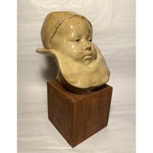 Baby's Head In Glazed Stoneware, 19th Century. According To Jean Carriès. 