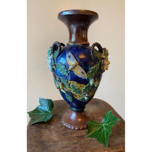 Thomas Sergent. Barbotine Baluster Vase. Decorated With Fauna Heads, Butterflies, Oak Leaves.