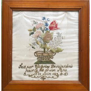 Embroidery On Silk, Early 19th Century. Flower Basket. Thread And Bobbins. 1832. 